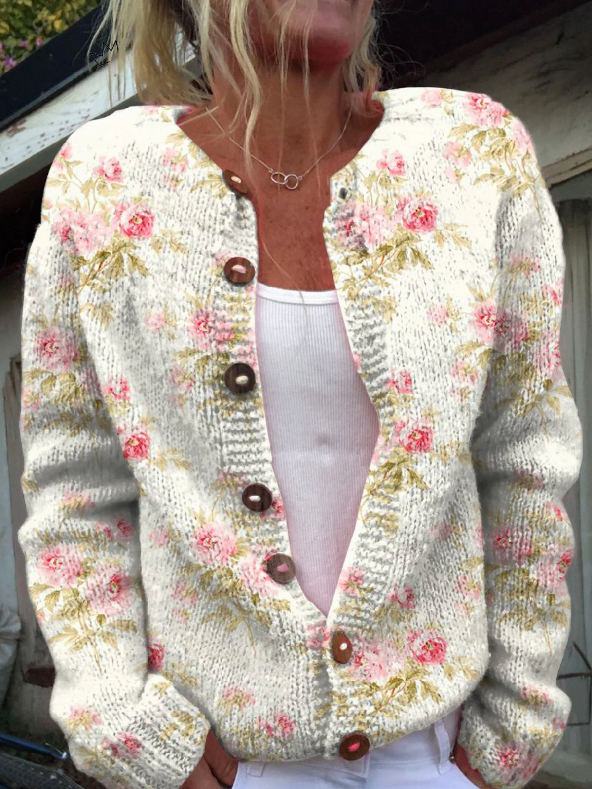 Button-Up Cardigan Sweater with Fresh Pink Floral and Green Leaf Print