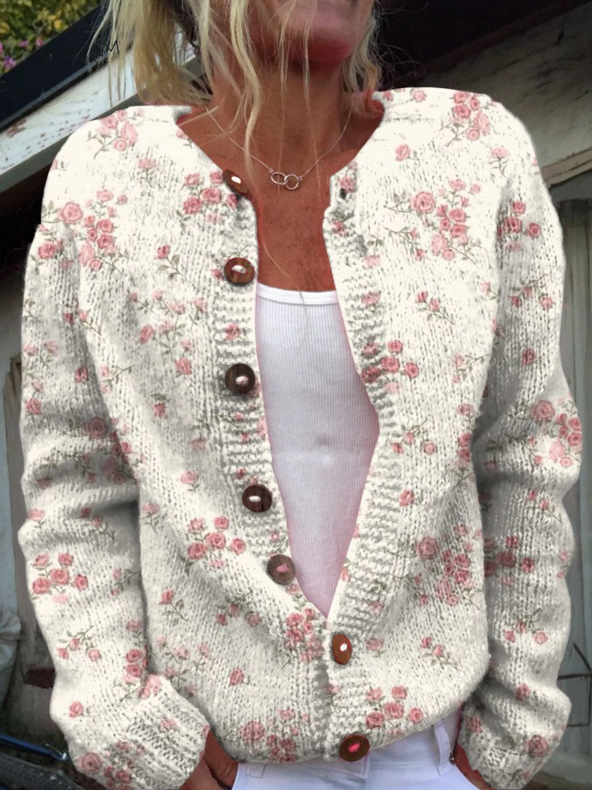 Button-Up Cardigan Sweater with Pink Rose Floret Print