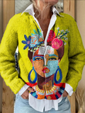 Freda Portrait Art Oil Painting Printed Button-Up Cardigan Sweater