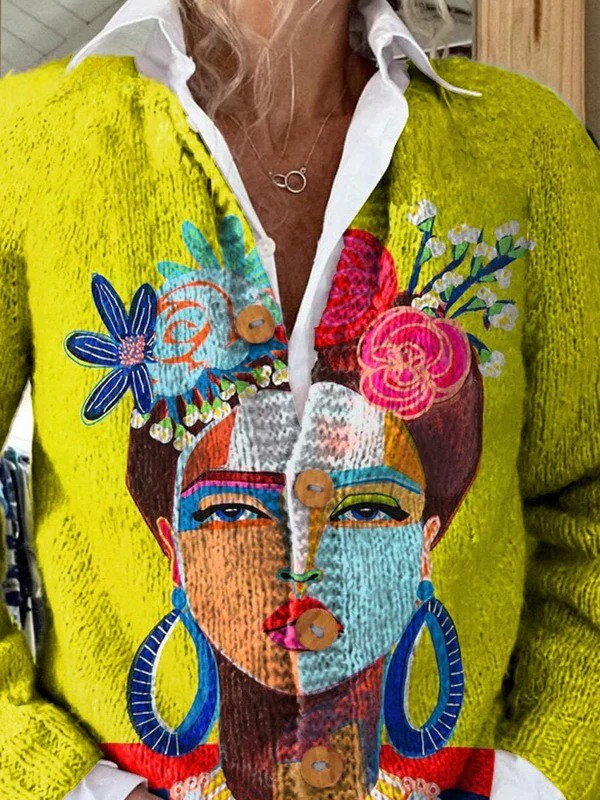 Freda Portrait Art Oil Painting Printed Button-Up Cardigan Sweater