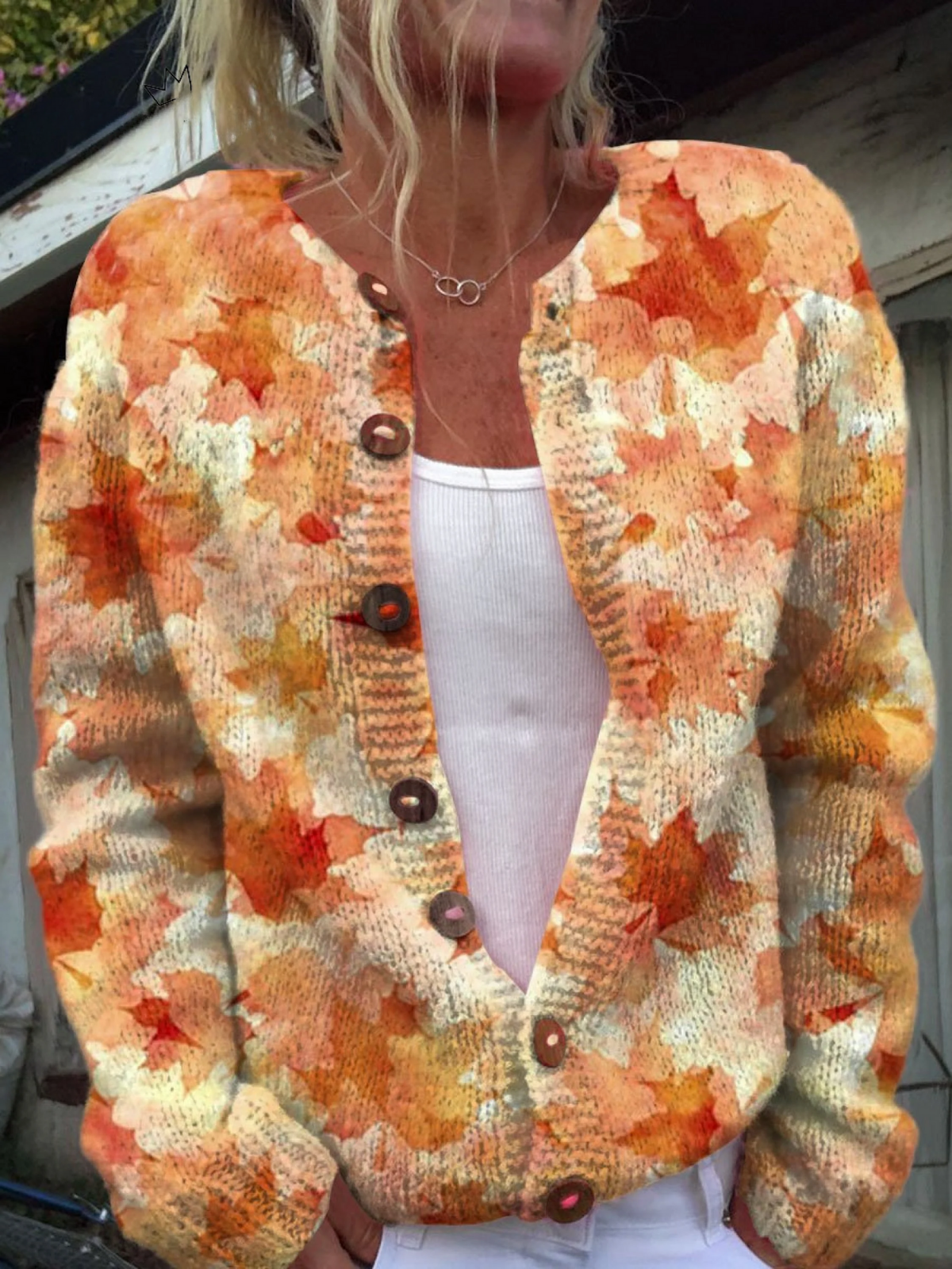 Button-Up Cardigan Sweater with Maple Leaf Autumn Art Print
