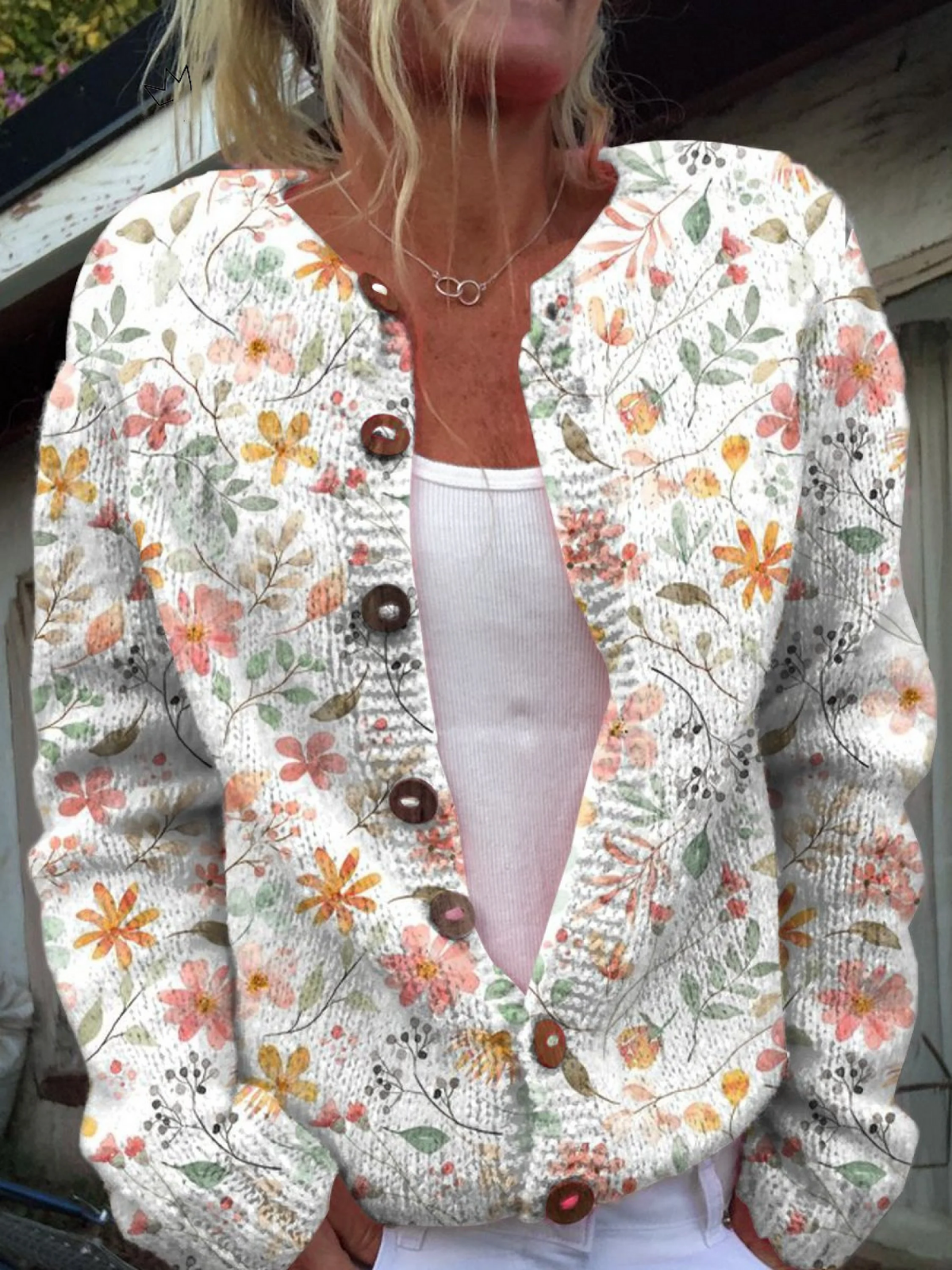 Charming Floral Print Button-Up Cardigan Sweater