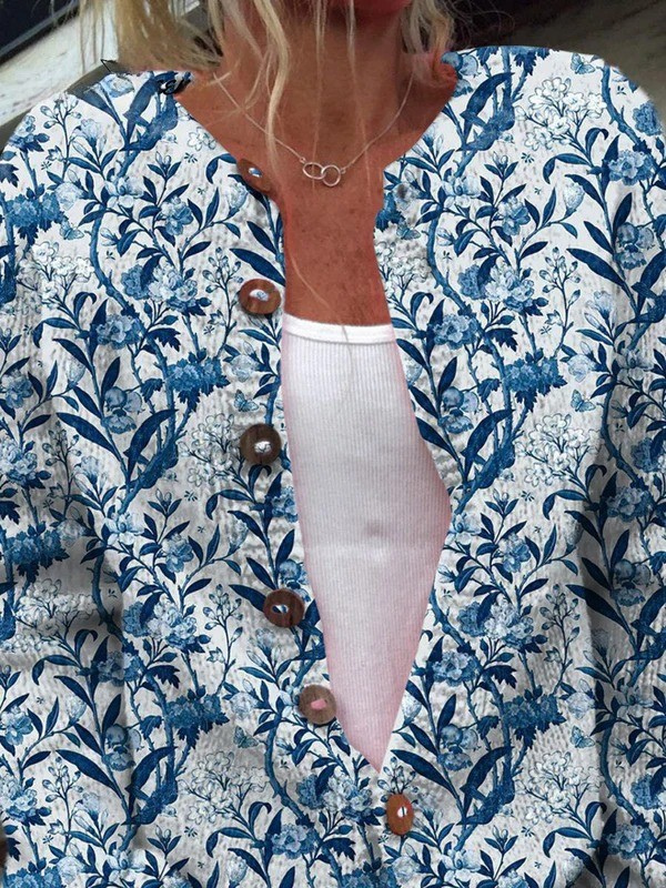 Chic Blue and White Floral Print Button-Up Cardigan Sweater