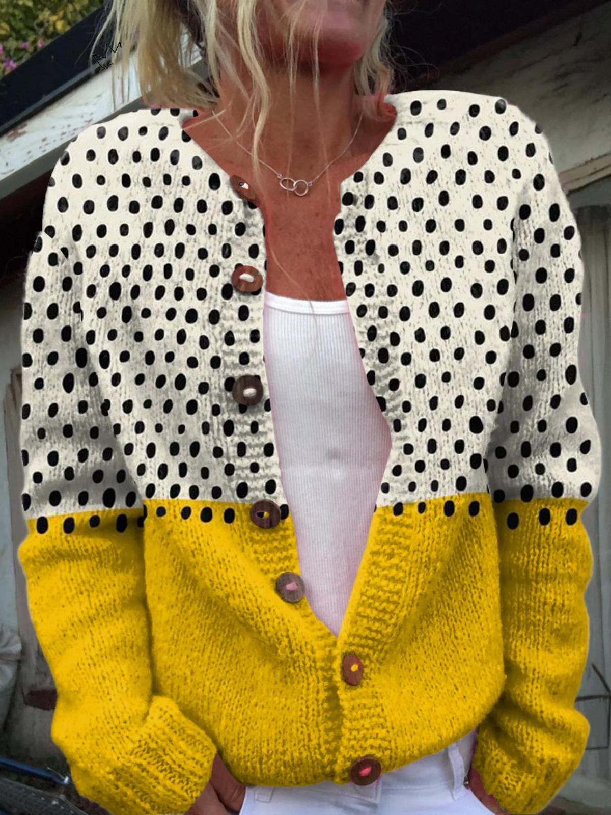 Button-Up Cardigan Sweater with Yellow Geometric Polka Dot Print