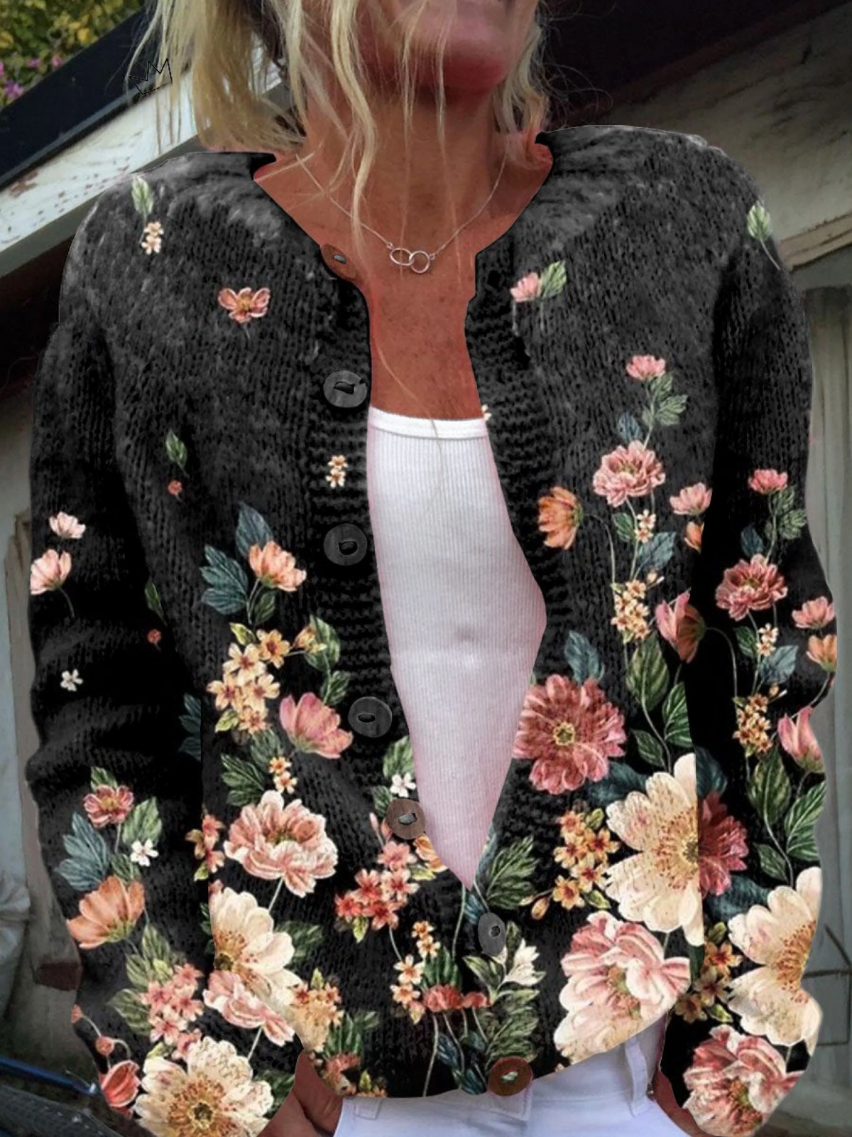 Casual Floral Print Button-Up Cardigan Sweater