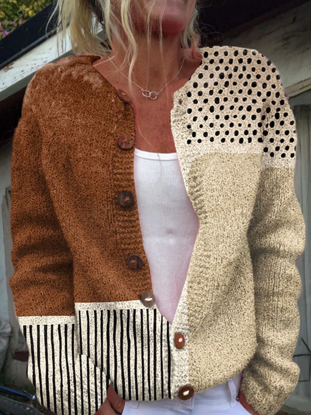 Button-Up Cardigan Sweater with Minimalist Abstract Polka Dot Print