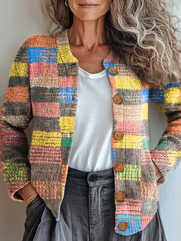 Chic Multicolor Checkered Cardigan by Maya