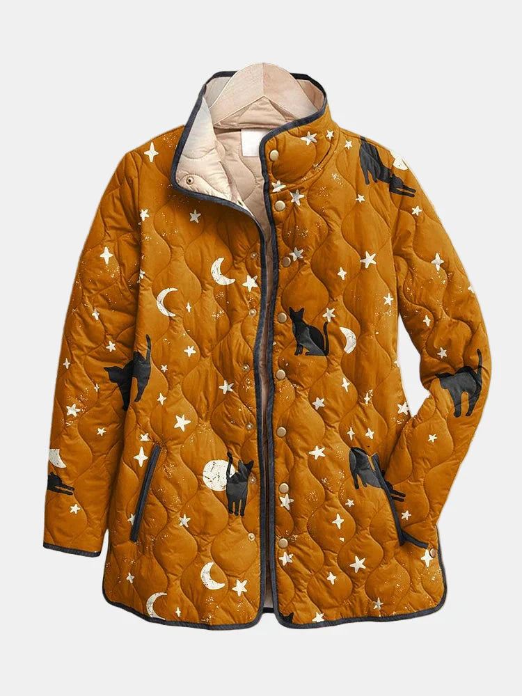 Eira - Quilted Jacket with Casual Black Cat Halloween Print