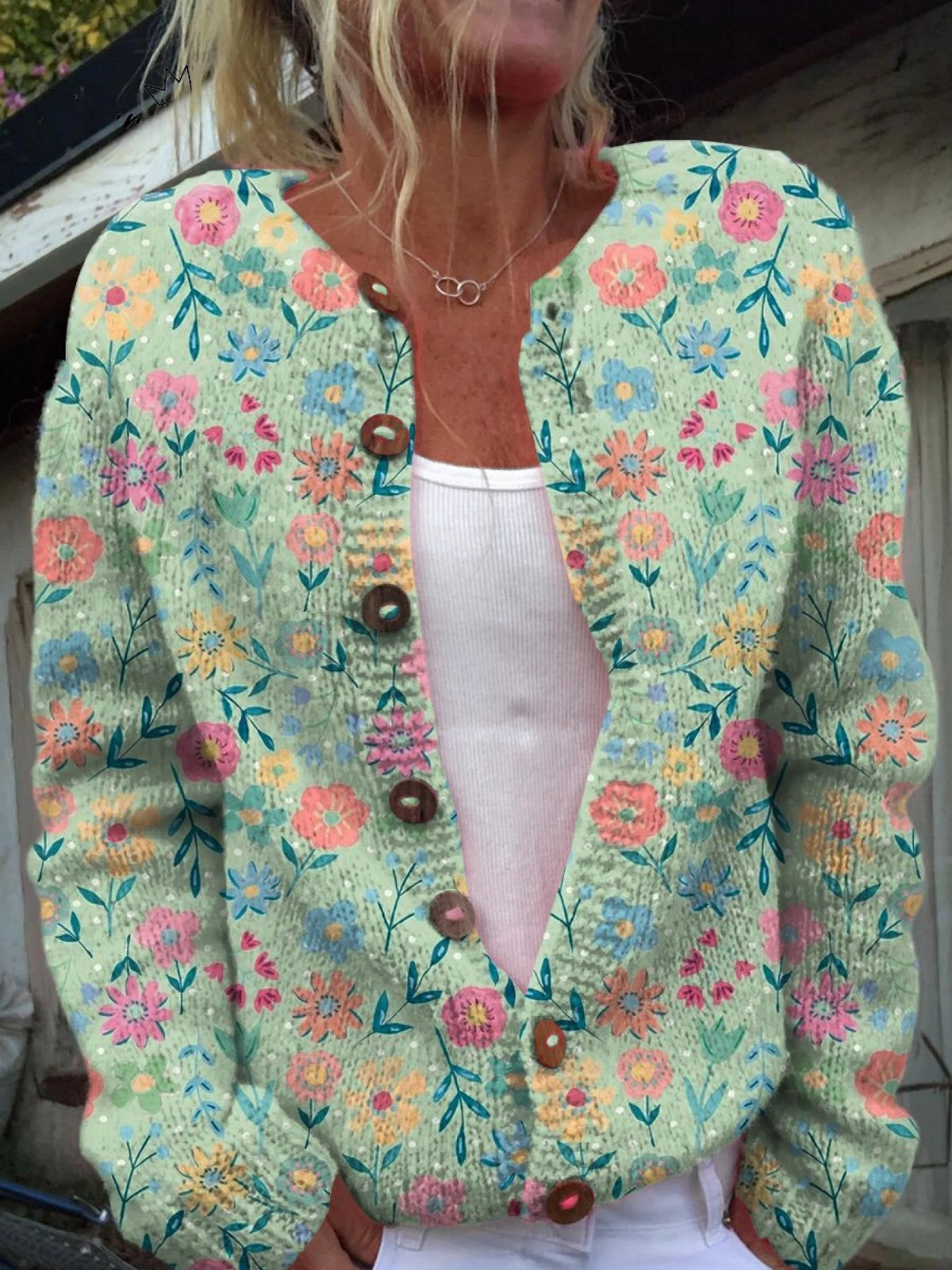 Button-Up Cardigan Sweater with Summer Floral Print