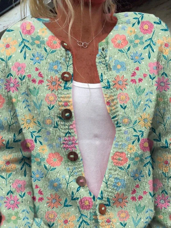 Button-Up Cardigan Sweater with Summer Floral Print
