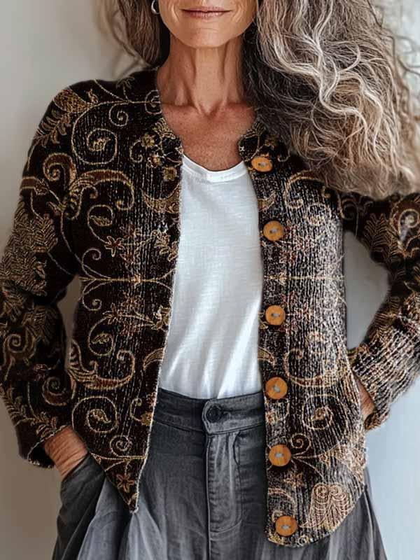 Elara Elegant Bronze Brocade Cardigan