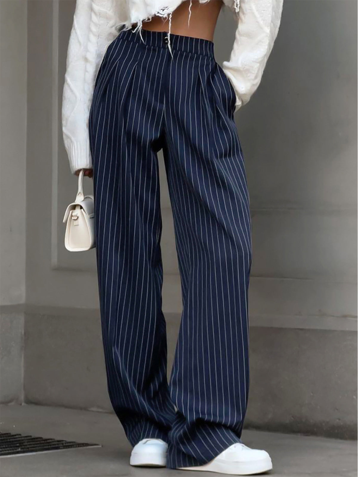 Elegant High-Waisted Striped Wide-Leg Trousers for Women – Stylish & Comfortable