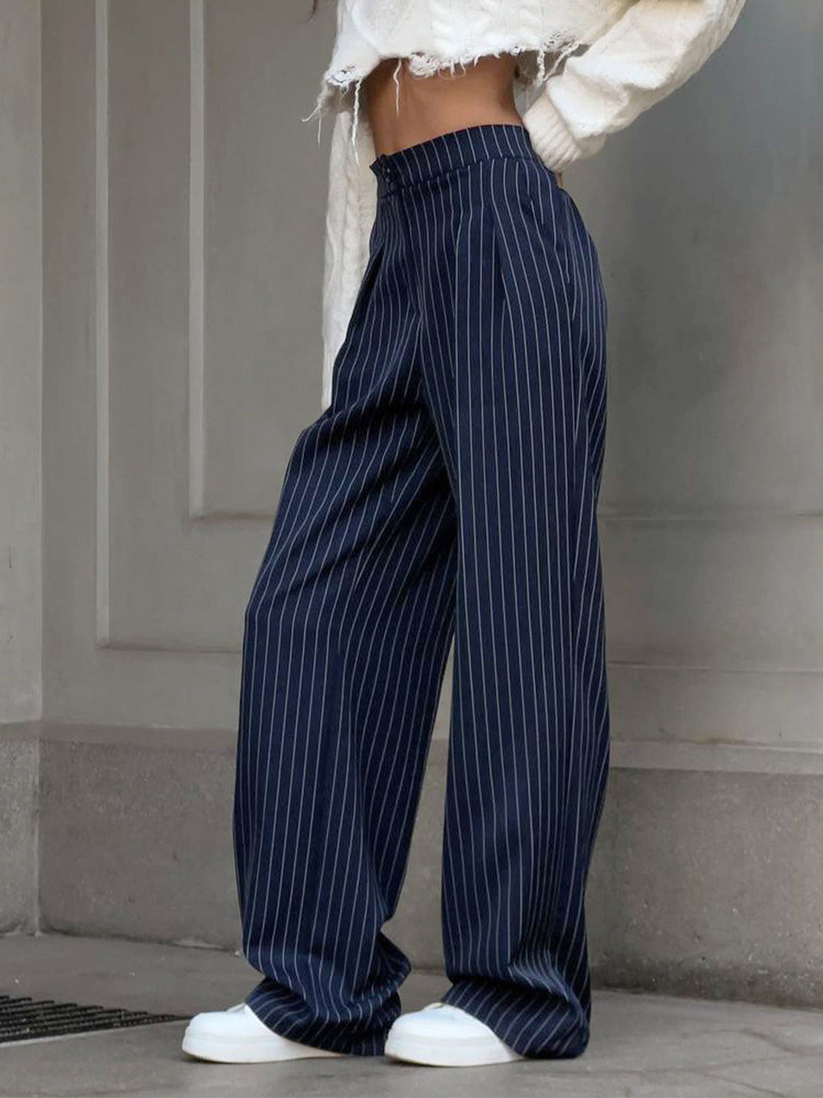 Elegant High-Waisted Striped Wide-Leg Trousers for Women – Stylish & Comfortable