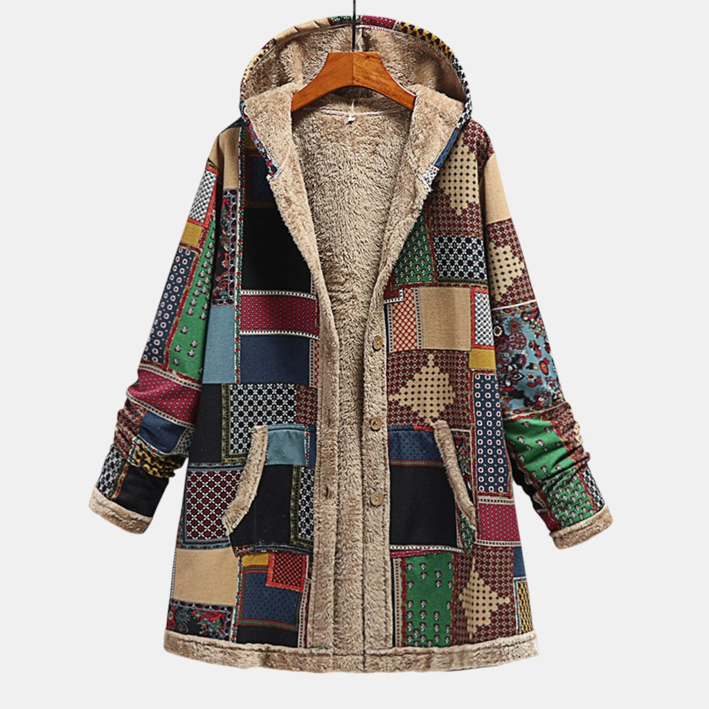Cozy Hooded Jacket in Earthy Patchwork for Autumn