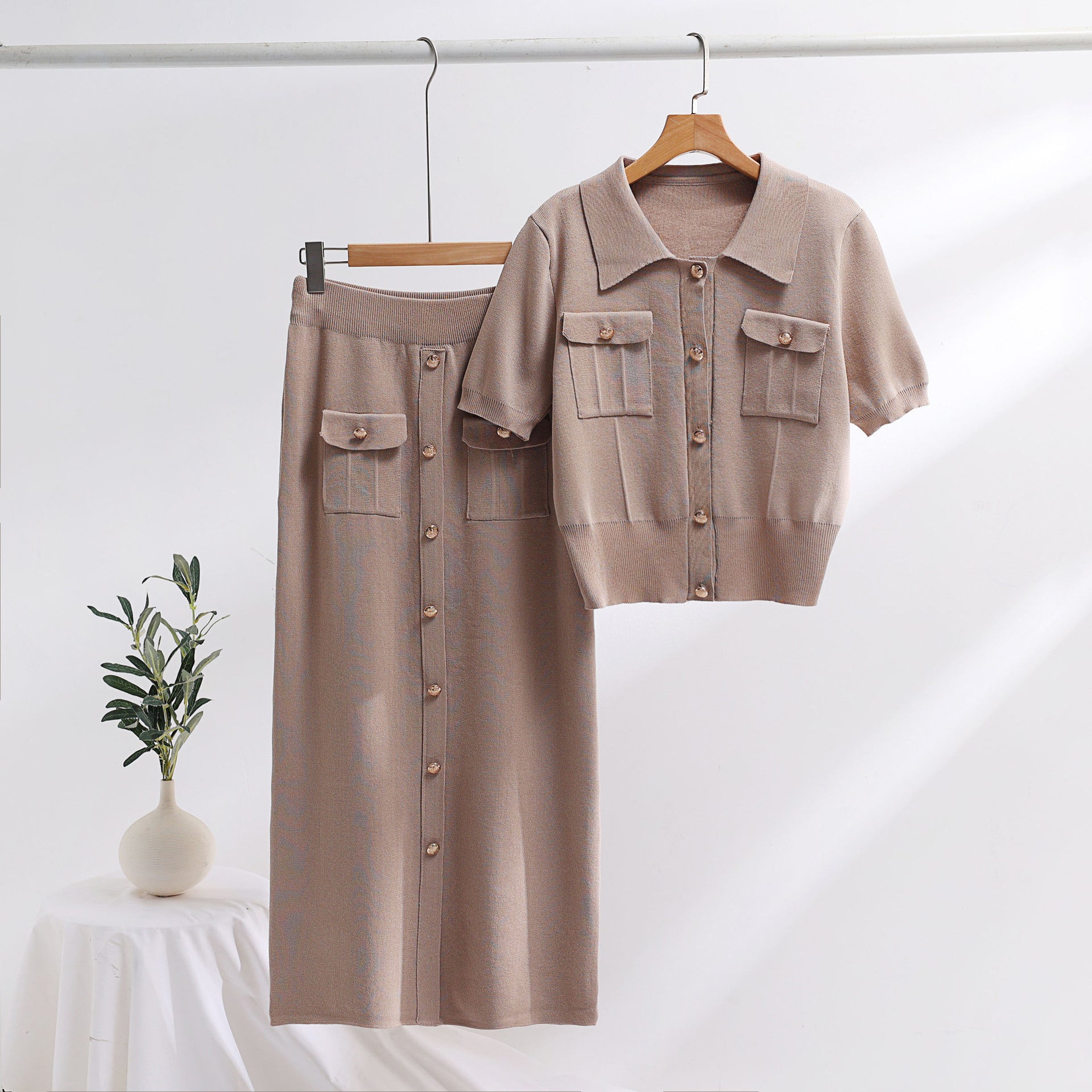 Elegant Two-Piece Ensemble - Short Sleeve Sweater with Long Skirt