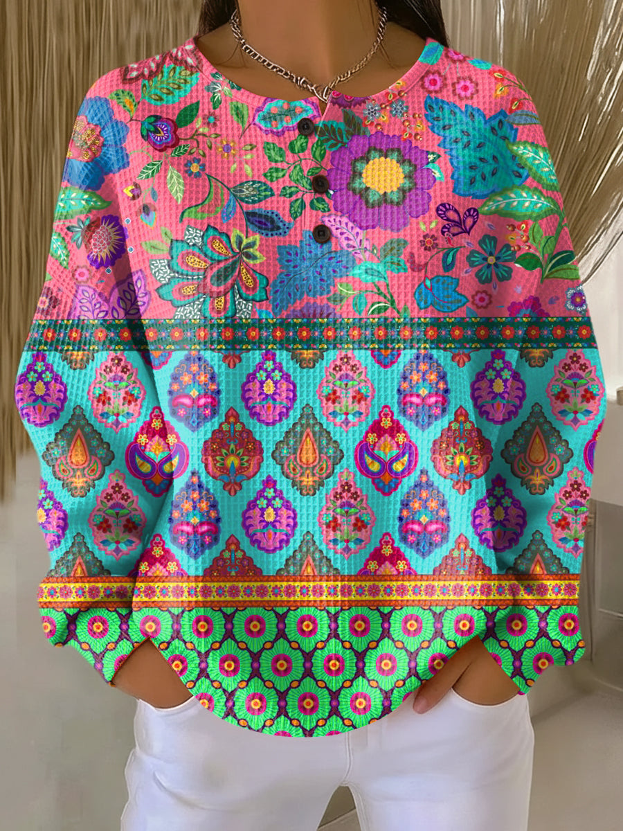 Ethnic Flower Stripe Sweater